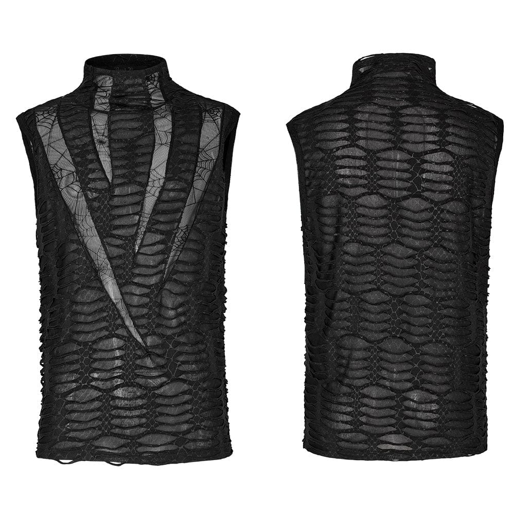 PUNK RAVE Men's Gothic Spider Mesh Ripped Tank Top