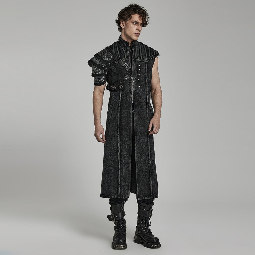 PUNK RAVE Men's Gothic Stand Collar Distressed Long Vest