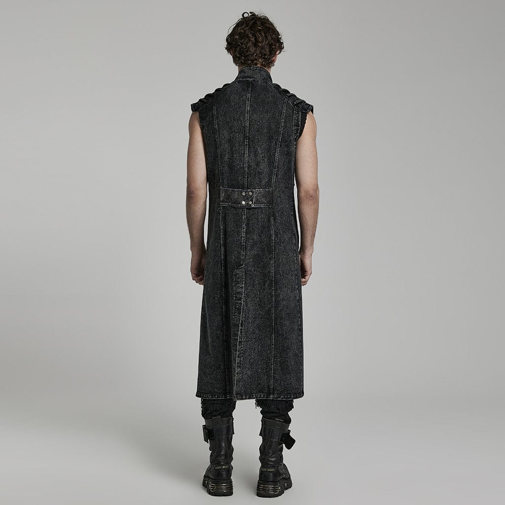 PUNK RAVE Men's Gothic Stand Collar Distressed Long Vest
