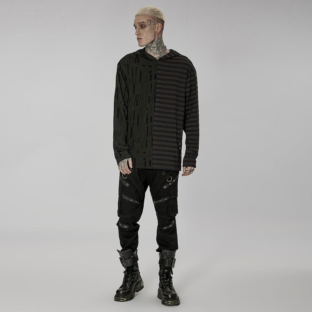 PUNK RAVE Men's Gothic Striped Splice Ripped Hoodies