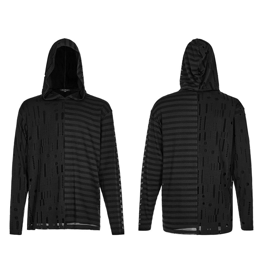PUNK RAVE Men's Gothic Striped Splice Ripped Hoodies