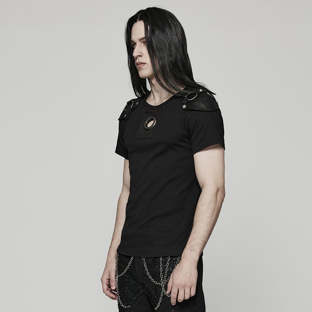 PUNK RAVE Men's Punk Cutout T-shirt with Detachable Shoulder Pad
