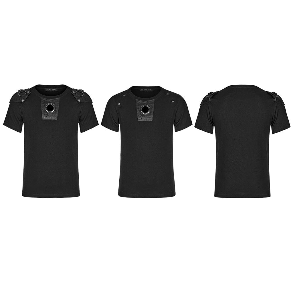 PUNK RAVE Men's Punk Cutout T-shirt with Detachable Shoulder Pad