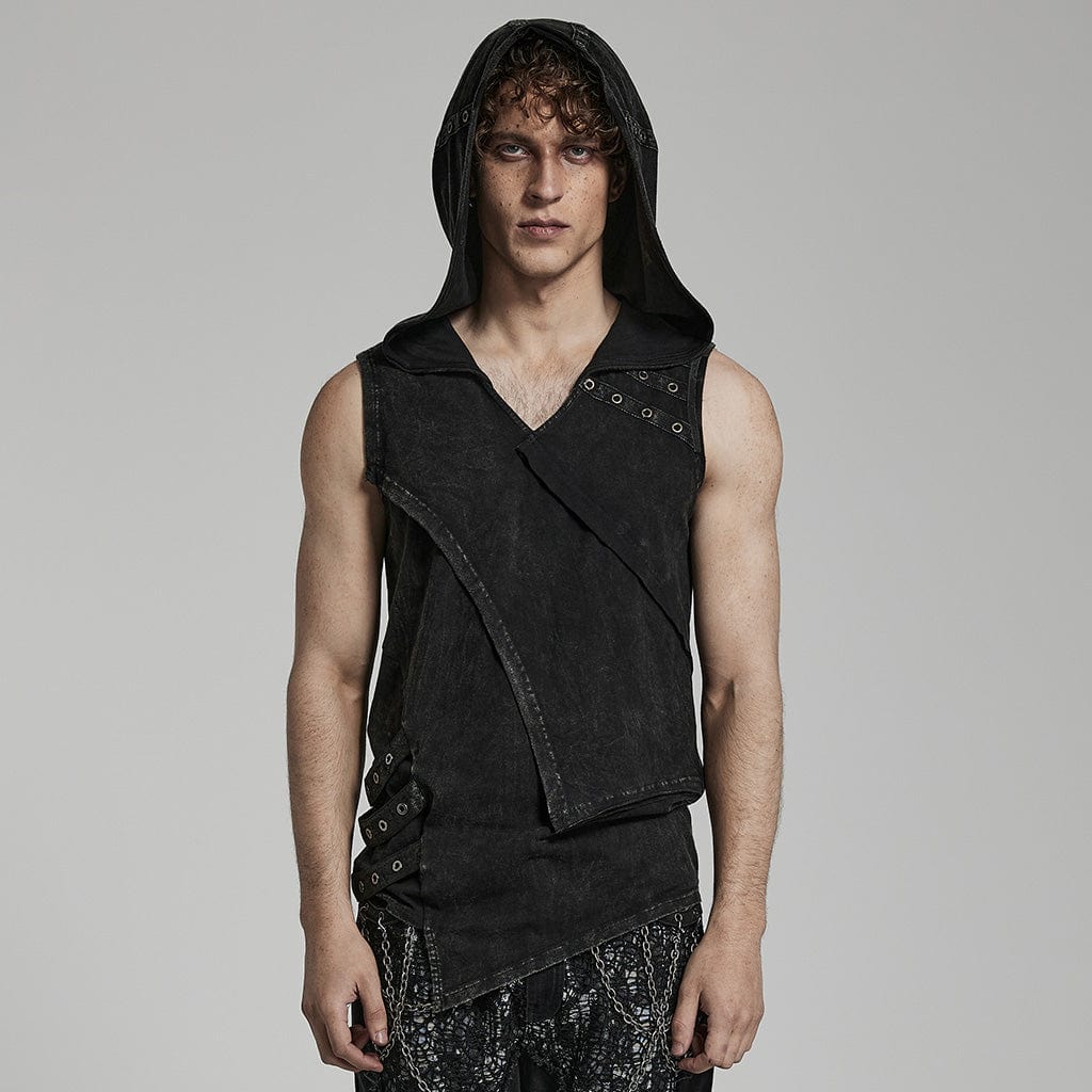 PUNK RAVE Men's Punk Irregular Distressed Tank Top with Hood