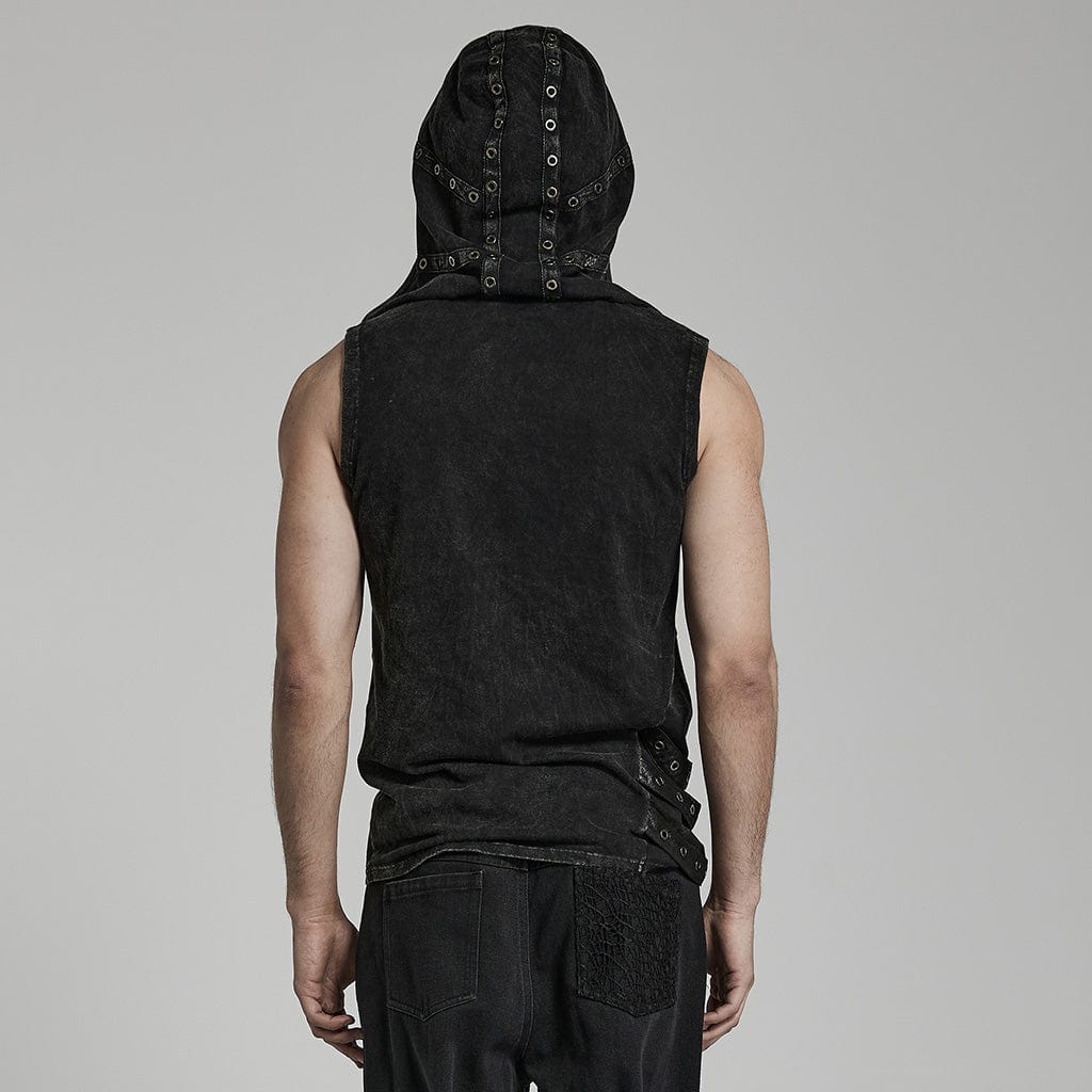 PUNK RAVE Men's Punk Irregular Distressed Tank Top with Hood