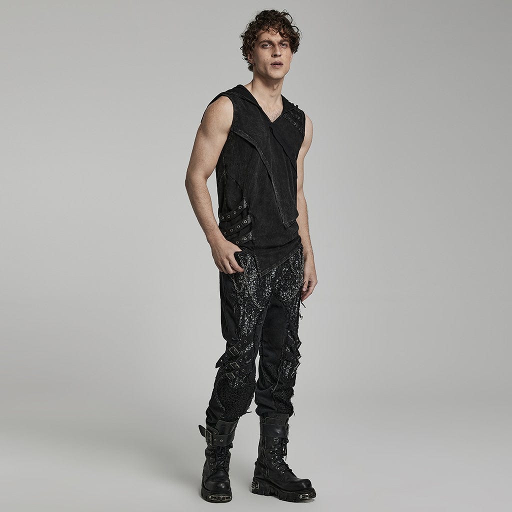 PUNK RAVE Men's Punk Irregular Distressed Tank Top with Hood