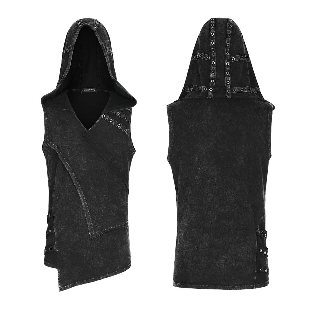PUNK RAVE Men's Punk Irregular Distressed Tank Top with Hood