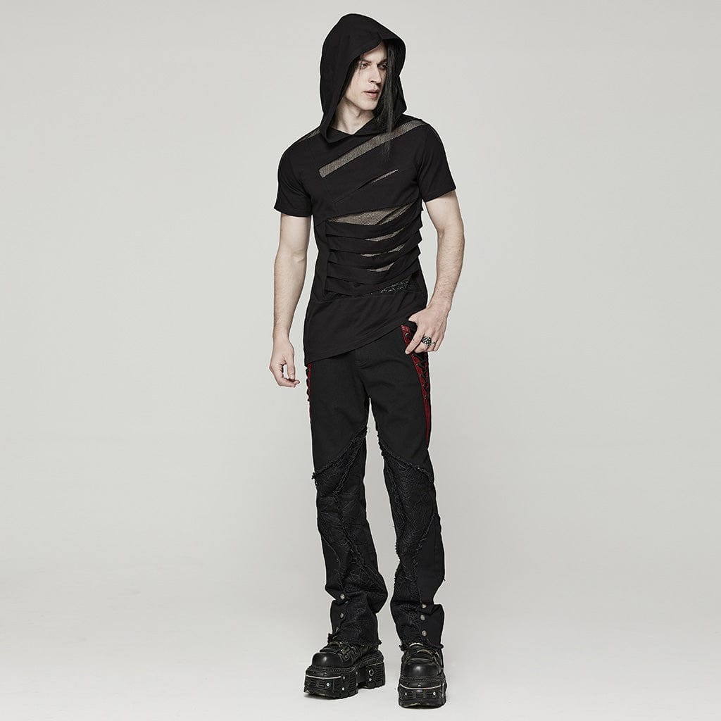 PUNK RAVE Men's Punk Mesh Splice T-shirt with Hood