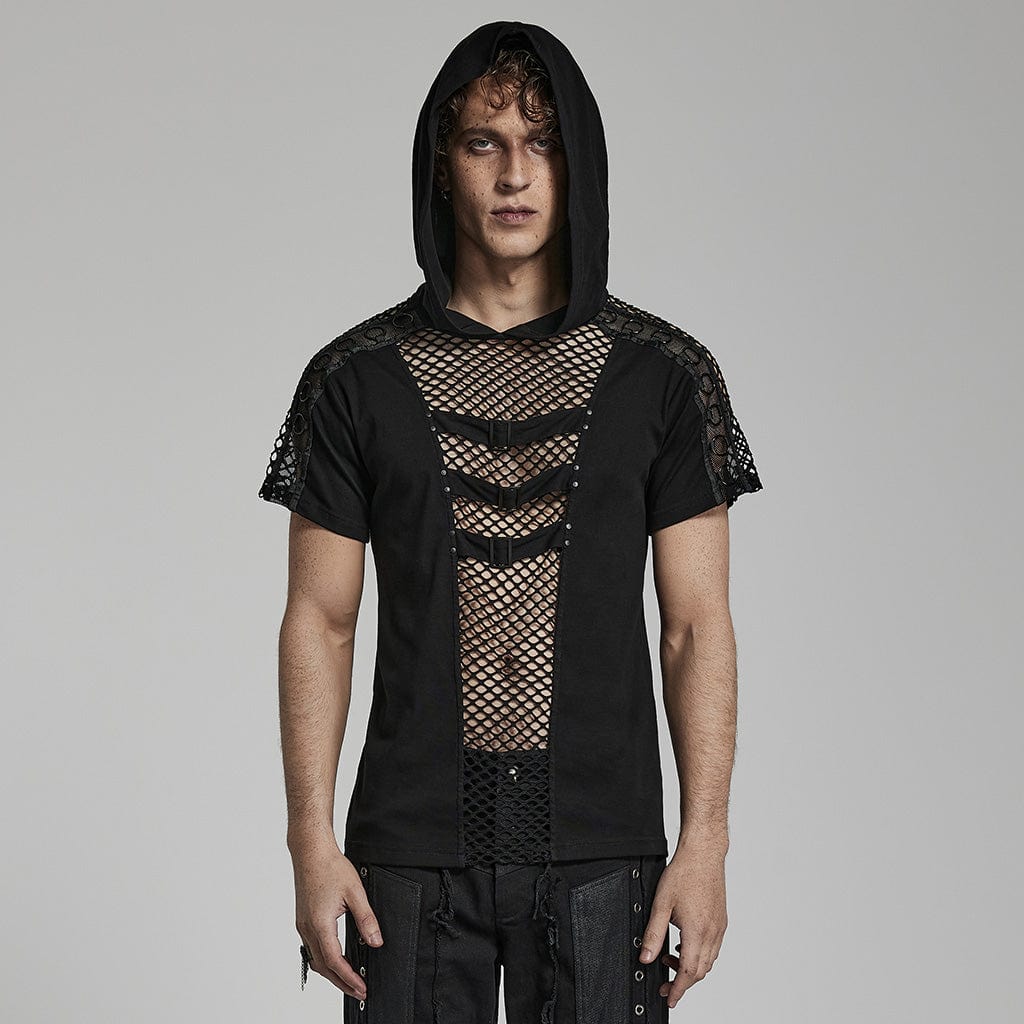 PUNK RAVE Men's Punk Mesh Splice T-shirt with Hood