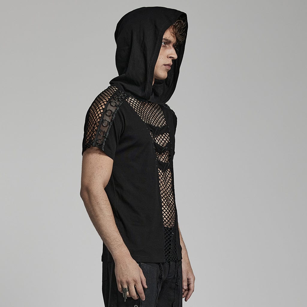 PUNK RAVE Men's Punk Mesh Splice T-shirt with Hood