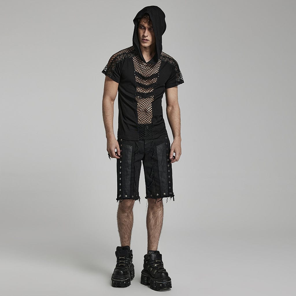 PUNK RAVE Men's Punk Mesh Splice T-shirt with Hood