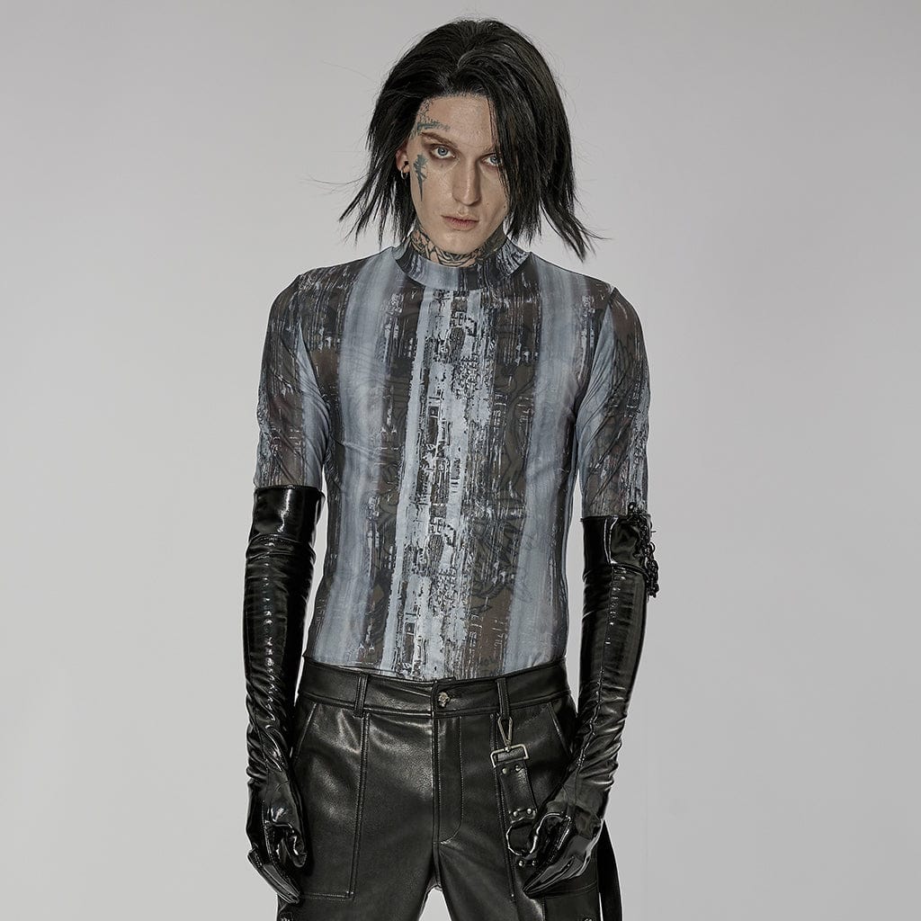 PUNK RAVE Men's Punk Patent Leather Long Gloves with Chain