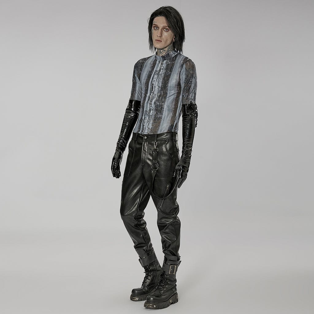 PUNK RAVE Men's Punk Patent Leather Long Gloves with Chain