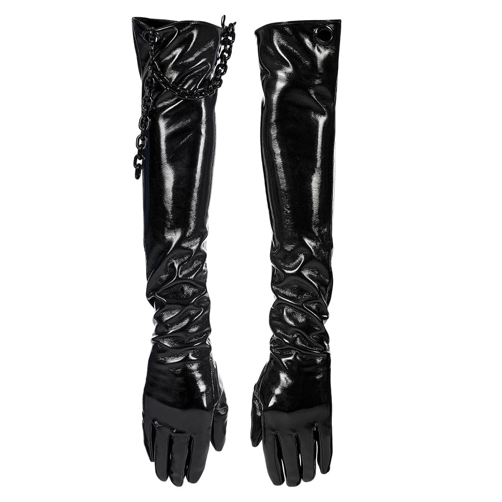 PUNK RAVE Men's Punk Patent Leather Long Gloves with Chain