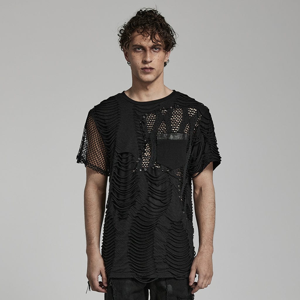PUNK RAVE Men's Punk Ripped Mesh Splice T-shirt