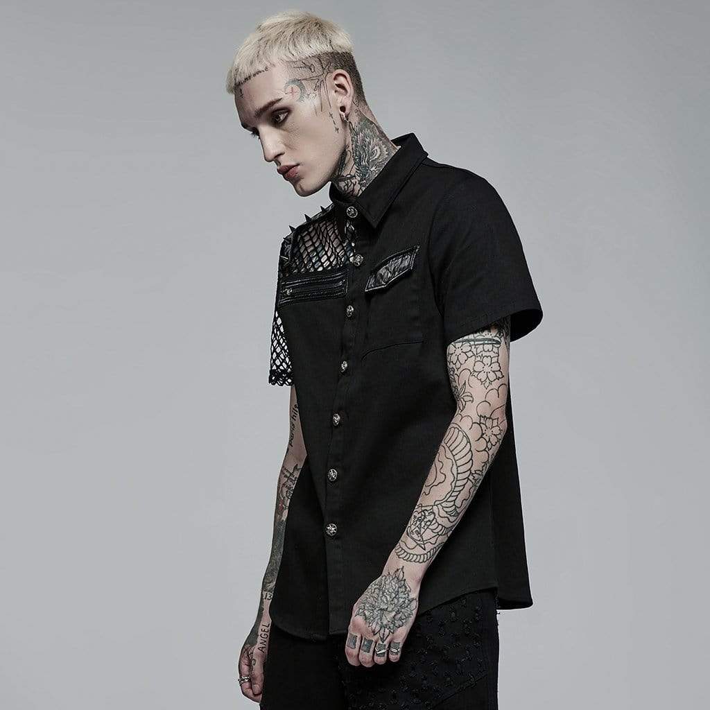 Punk Rave Men's Punk Rivet Splice Mesh Shirt