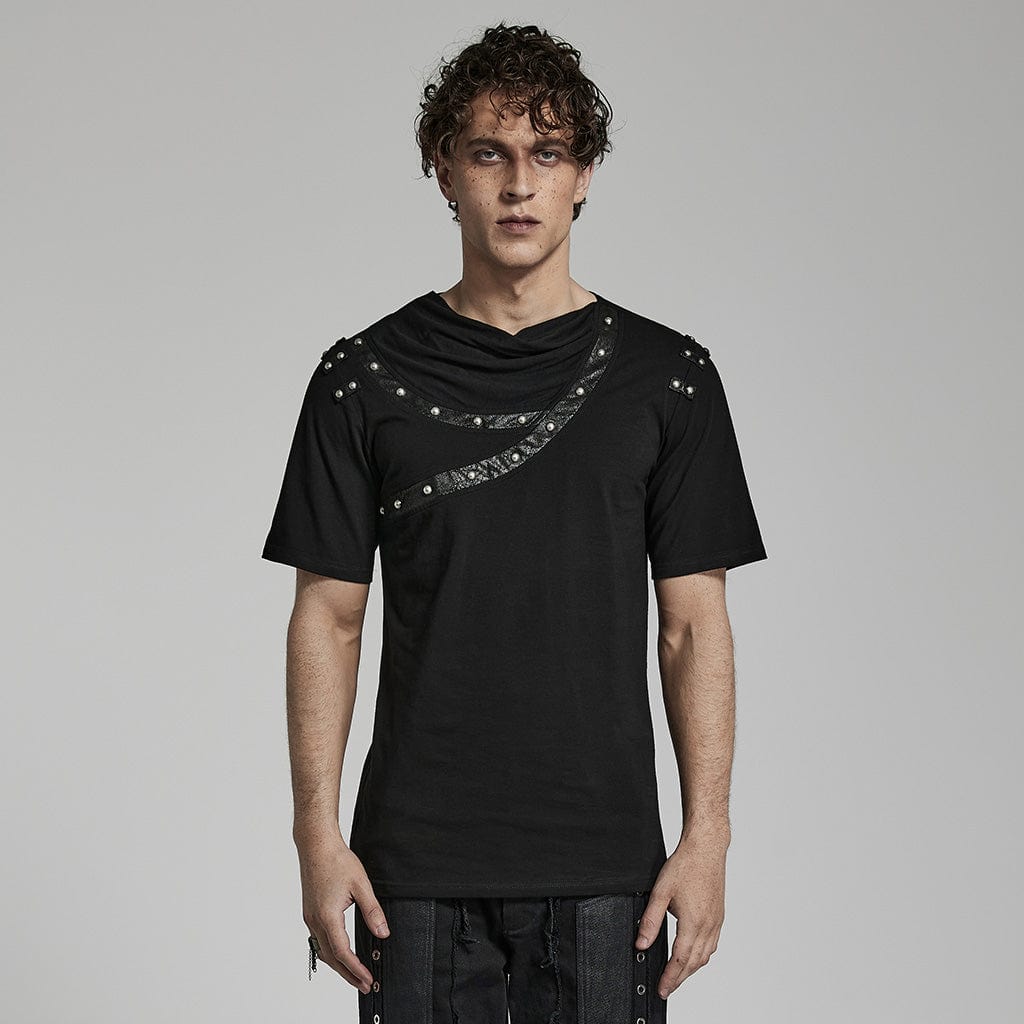 PUNK RAVE Men's Punk Ruched Collar T-shirt