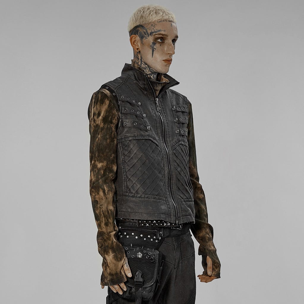 PUNK RAVE Men's Punk Stand Collar Buckle Distressed Vest