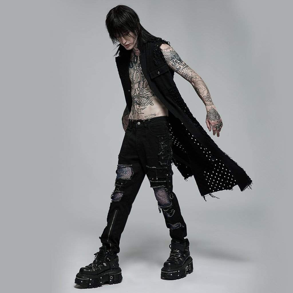Punk Rave Men's Punk Unedged Ripped Long Waistcoat