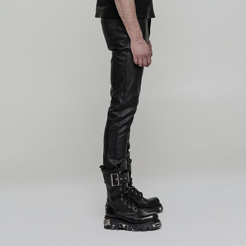 Men's Punk Ruched Faux Leather Skinny Trousers