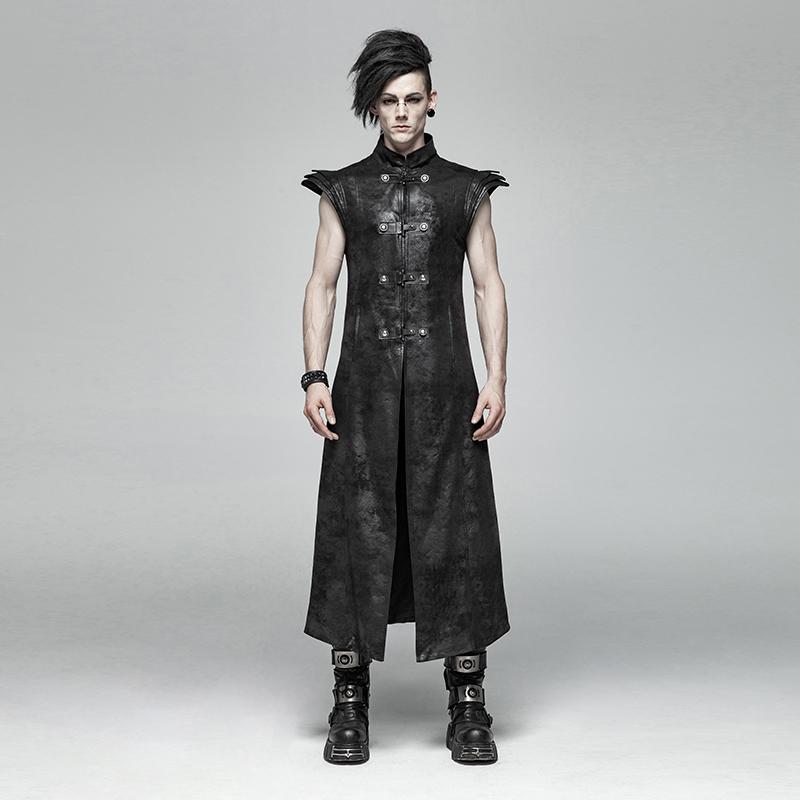 Men's Vintage Goth Faux Leather Stand Collar Angel's Wings Maxi Vest