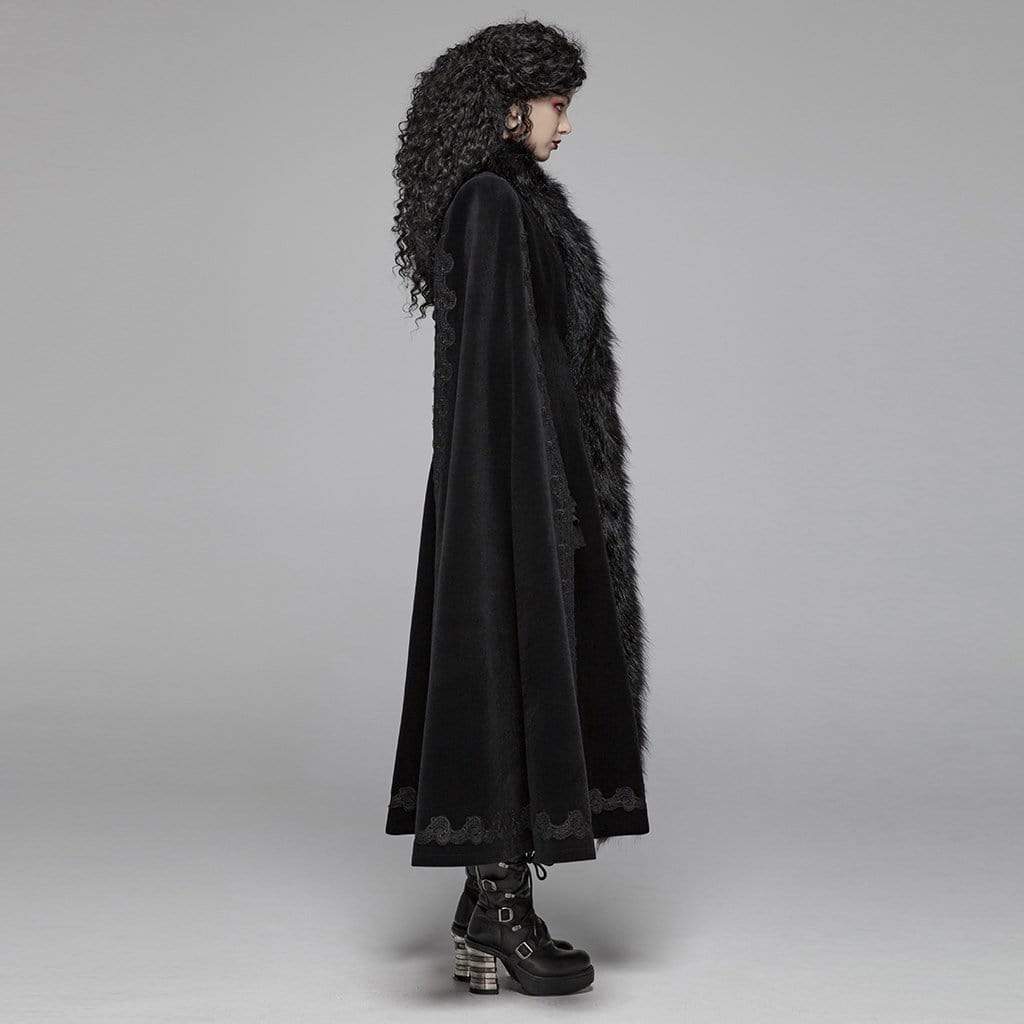 Women's Goth Embroideried Woolen Maxi Coat With Fur Collar