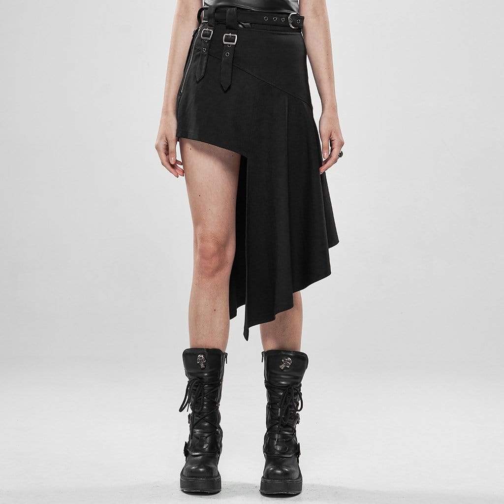 Women's Goth High-waisted Irregular Black Skirts With Waist Belt