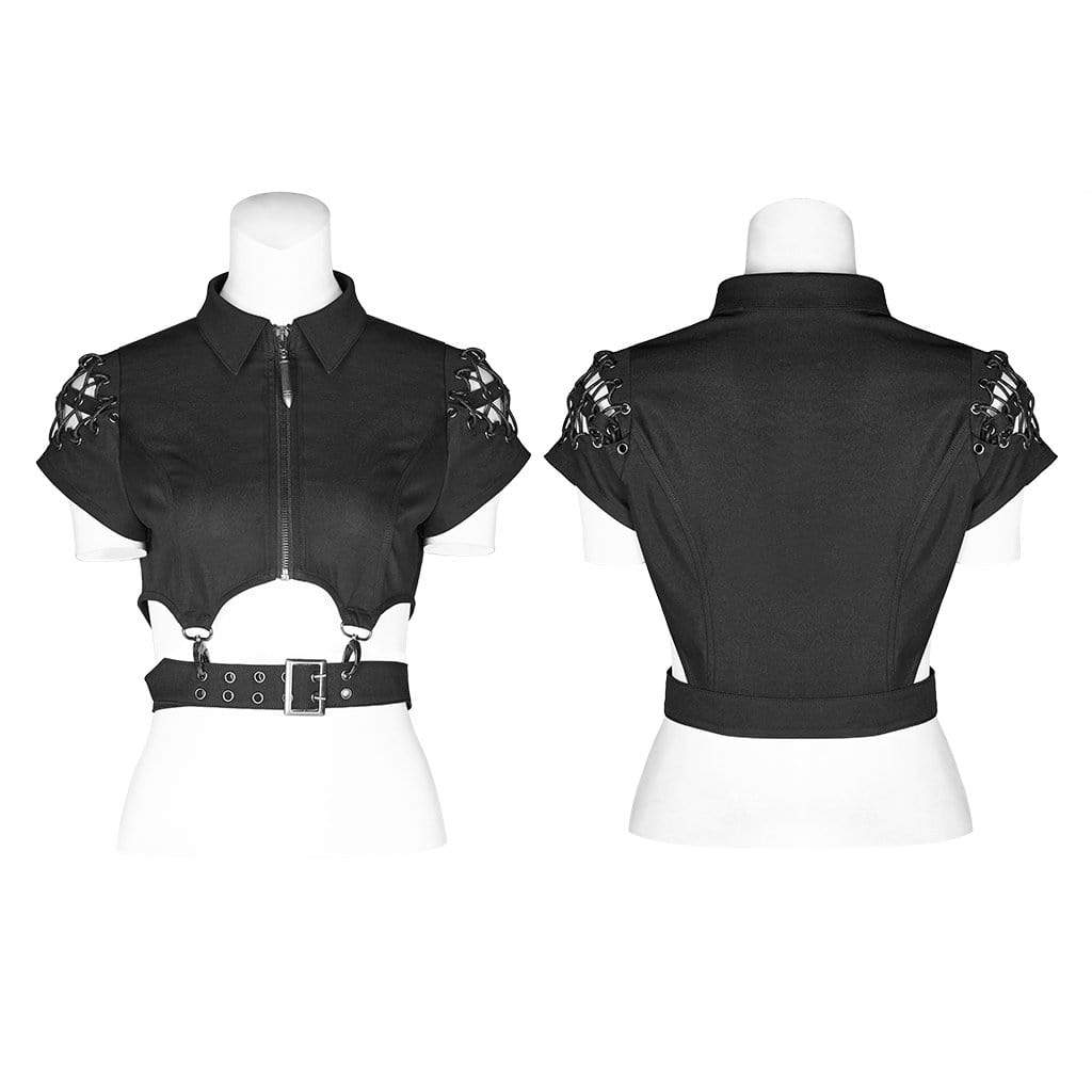 Women's Goth Hollow Out Zipper Fly Black Shirts With Waist Belt