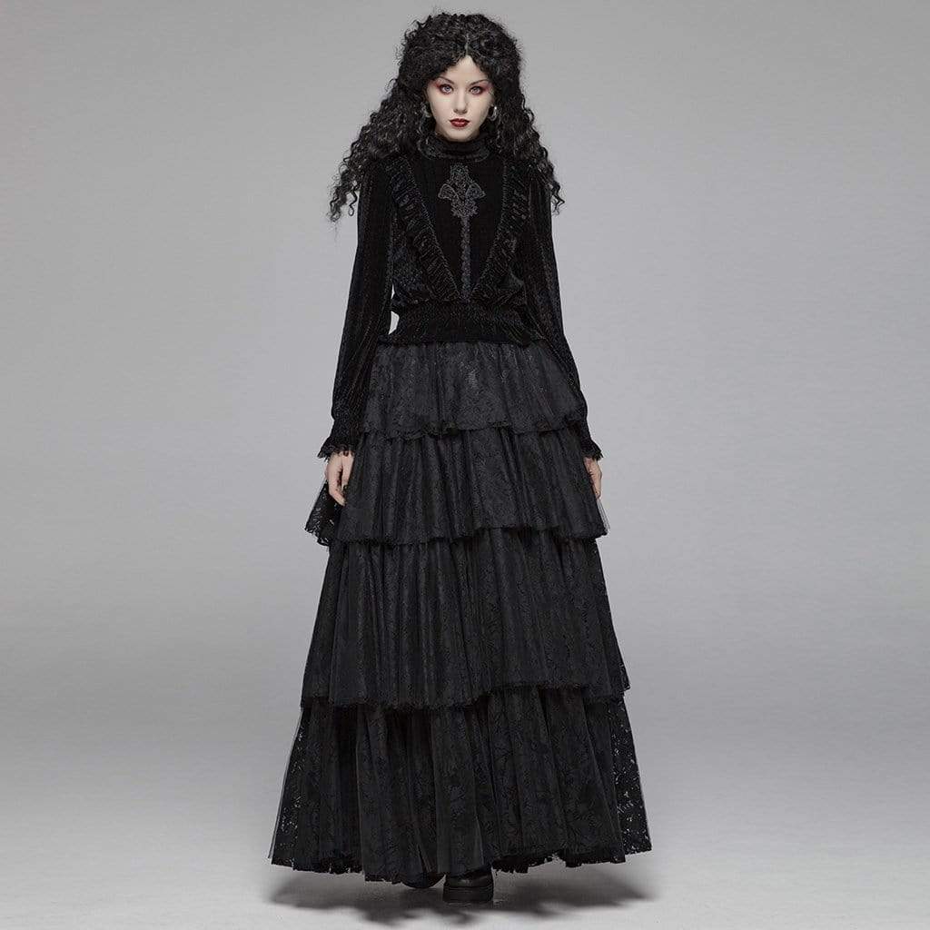 Women's Goth Stand Collar Floral Lace Velet Tops