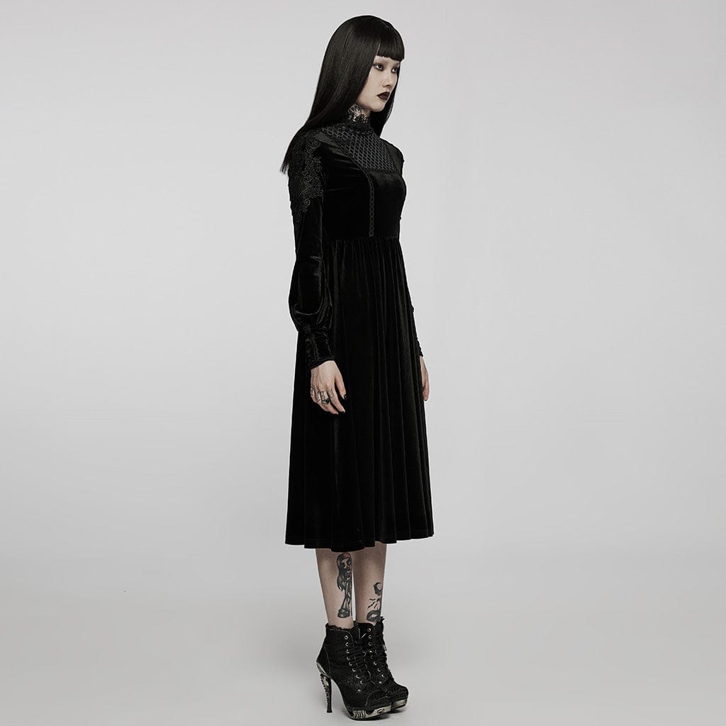 PUNK RAVE Women's Gothic Applique High-waisted Velet Maxi Dress