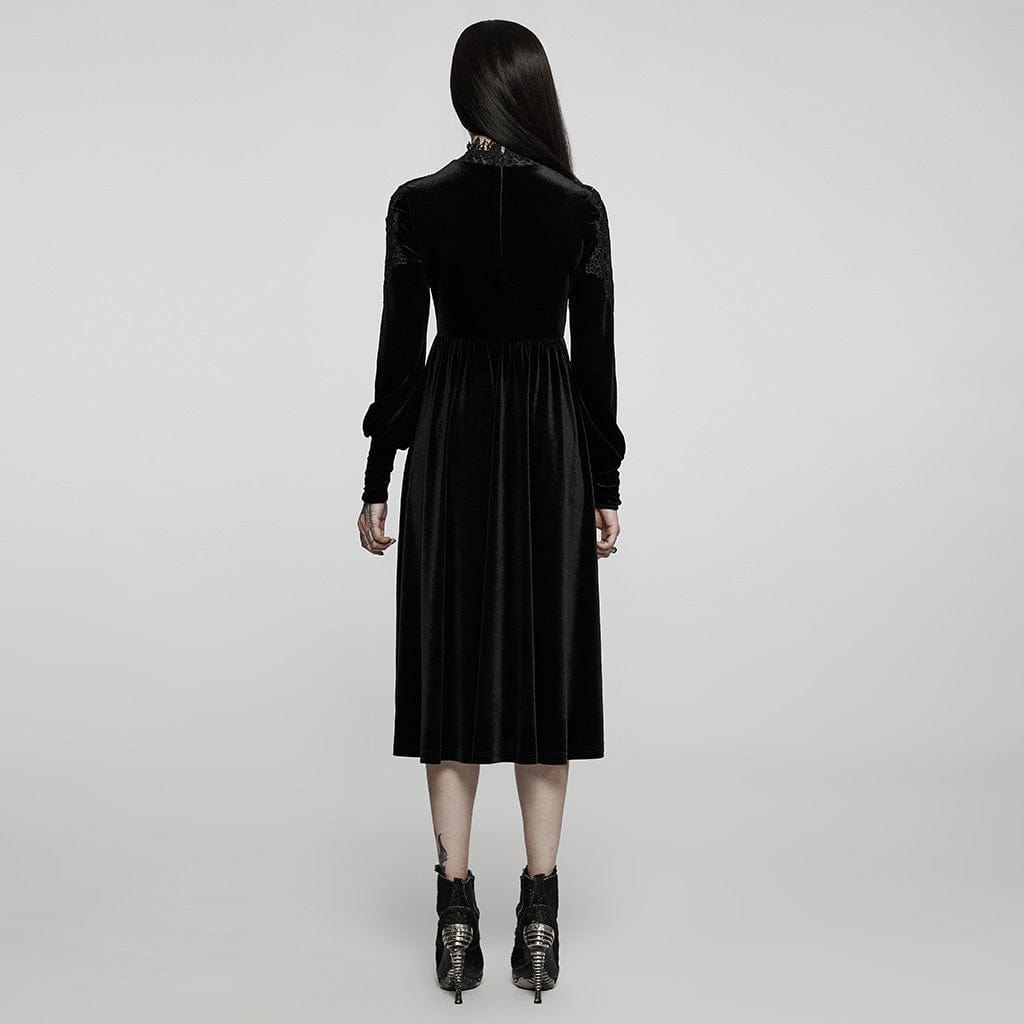 PUNK RAVE Women's Gothic Applique High-waisted Velet Maxi Dress