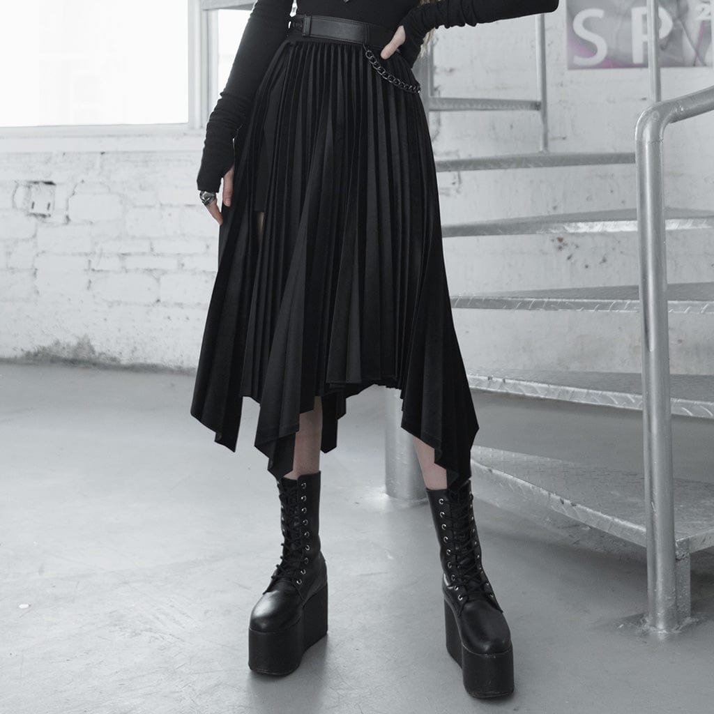 PUNK RAVE Women's Gothic Asymmetric Hem Long Pleated Skirts With Leg Ring