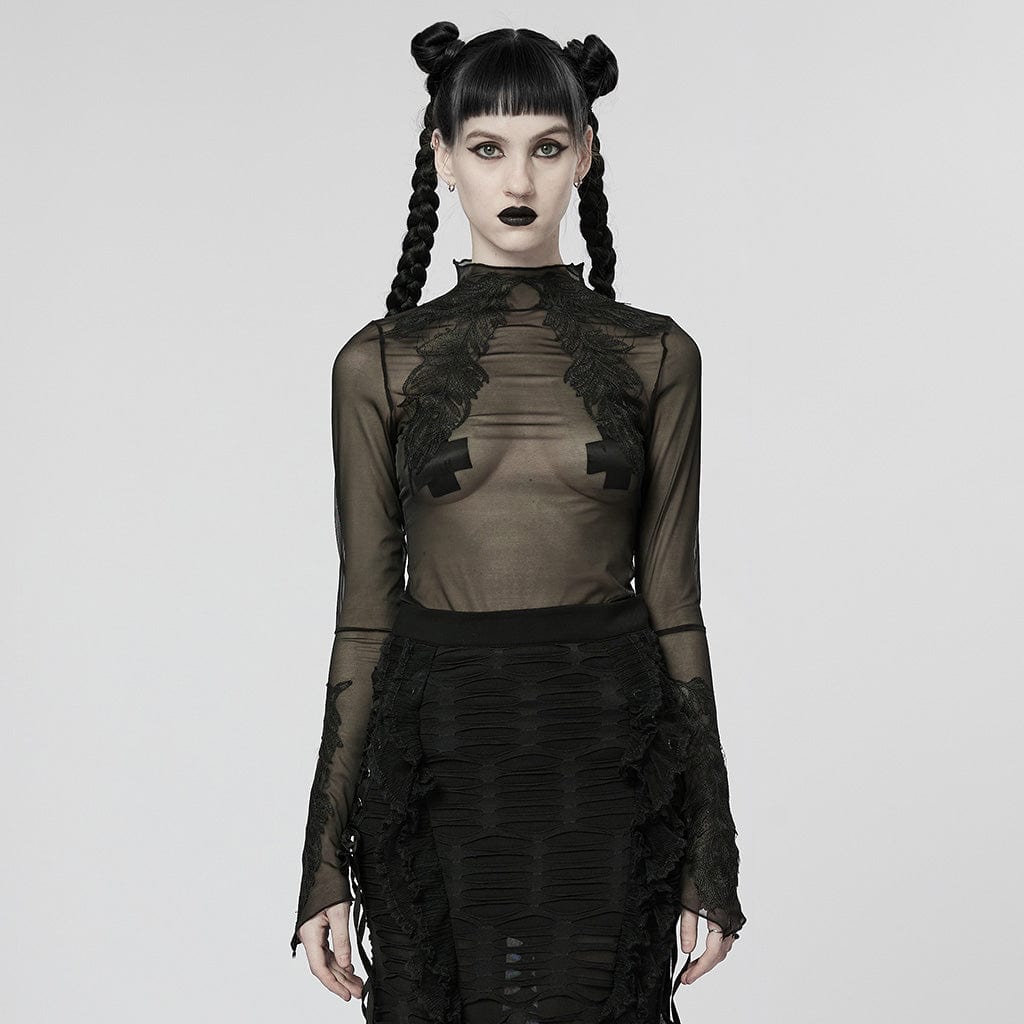 PUNK RAVE Women's Gothic Feather Mesh Shirt