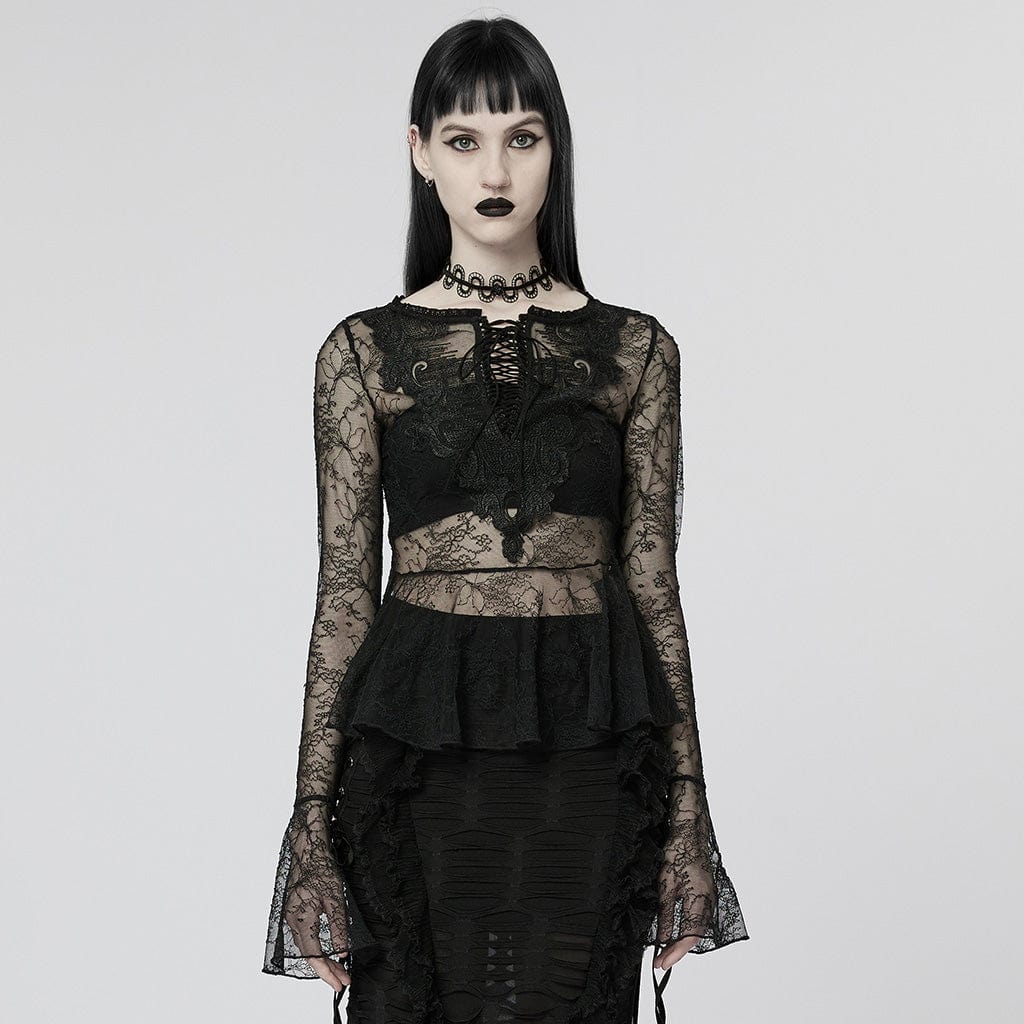 PUNK RAVE Women's Gothic Flare Sleeved Sheer Lace Shirt