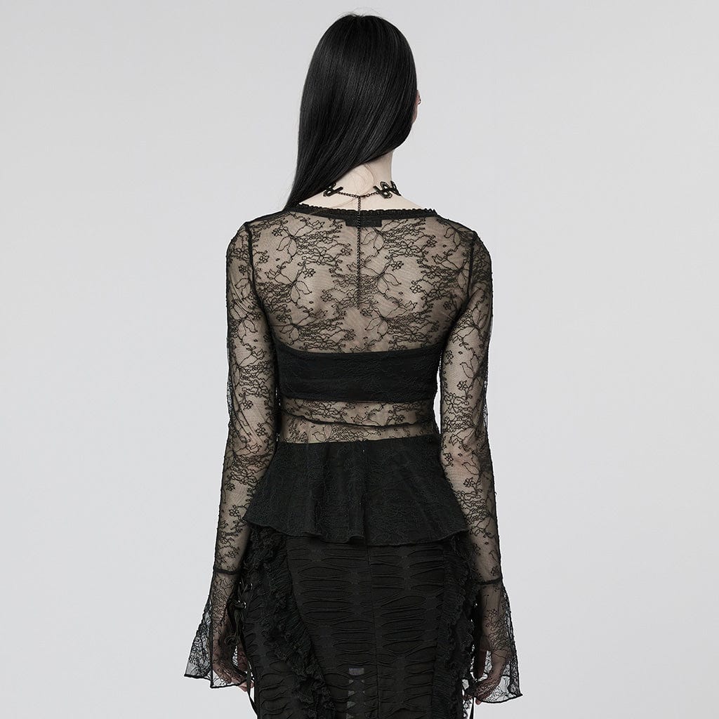 PUNK RAVE Women's Gothic Flare Sleeved Sheer Lace Shirt