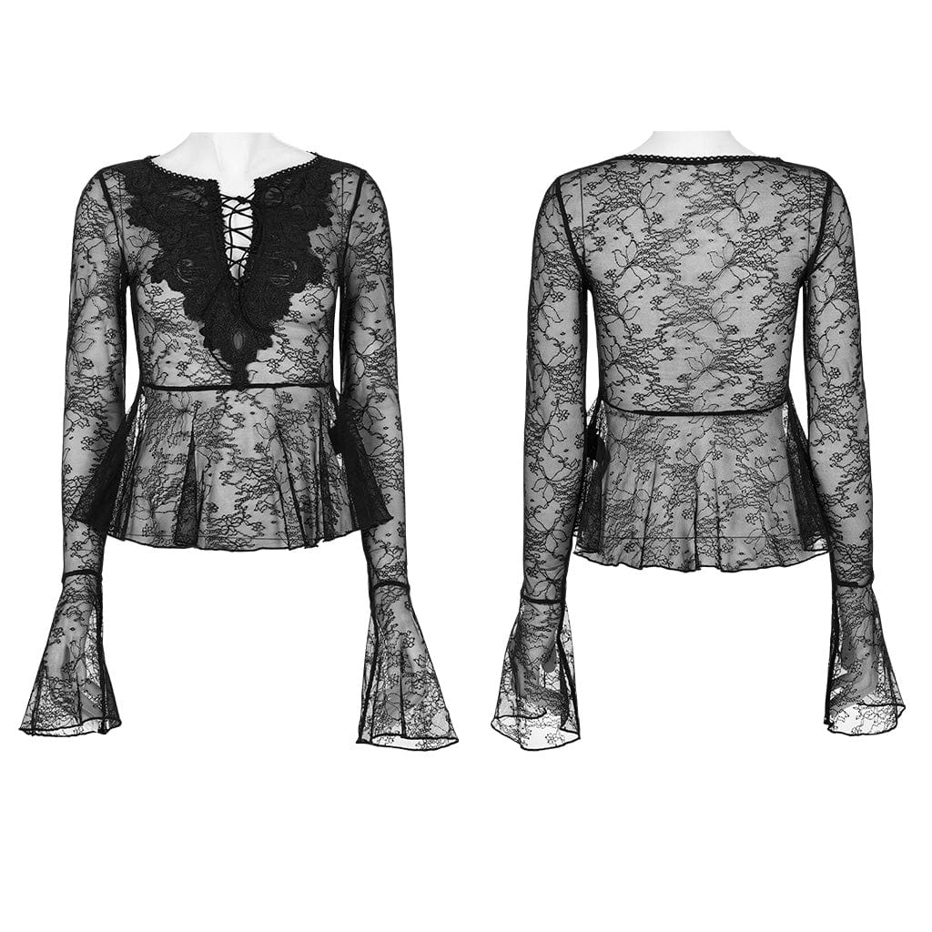 PUNK RAVE Women's Gothic Flare Sleeved Sheer Lace Shirt