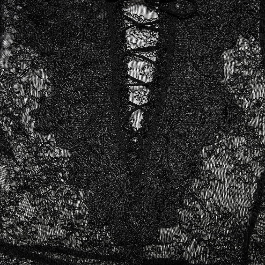 PUNK RAVE Women's Gothic Flare Sleeved Sheer Lace Shirt