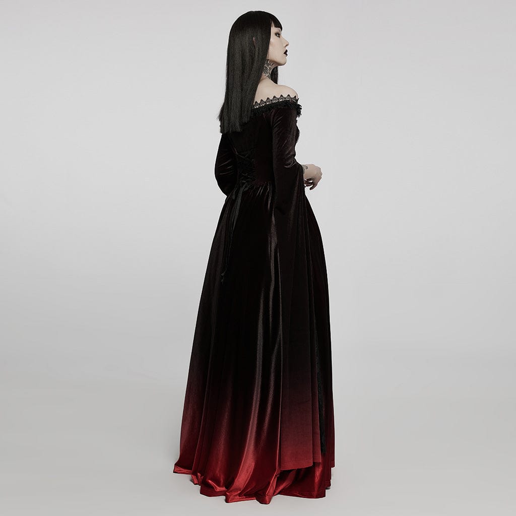 PUNK RAVE Women's Gothic Gradient Off Shoulder Flare Sleeved Maxi Dress Wedding Dress
