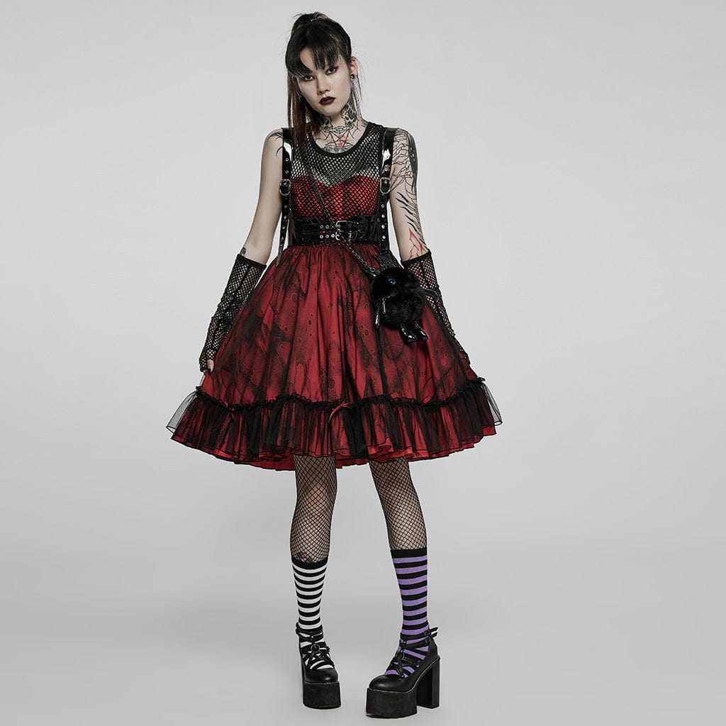 PUNK RAVE Women's Gothic Lolita Multilayer Mesh Dress with Sleeves