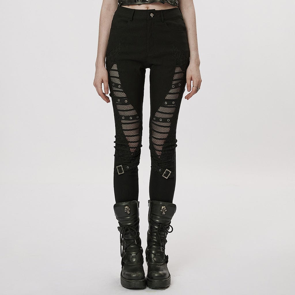 PUNK RAVE Women's Gothic Mesh Splice Buckle Leggings