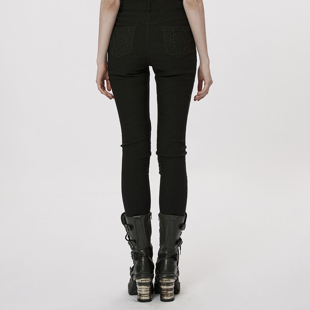 PUNK RAVE Women's Gothic Mesh Splice Buckle Leggings