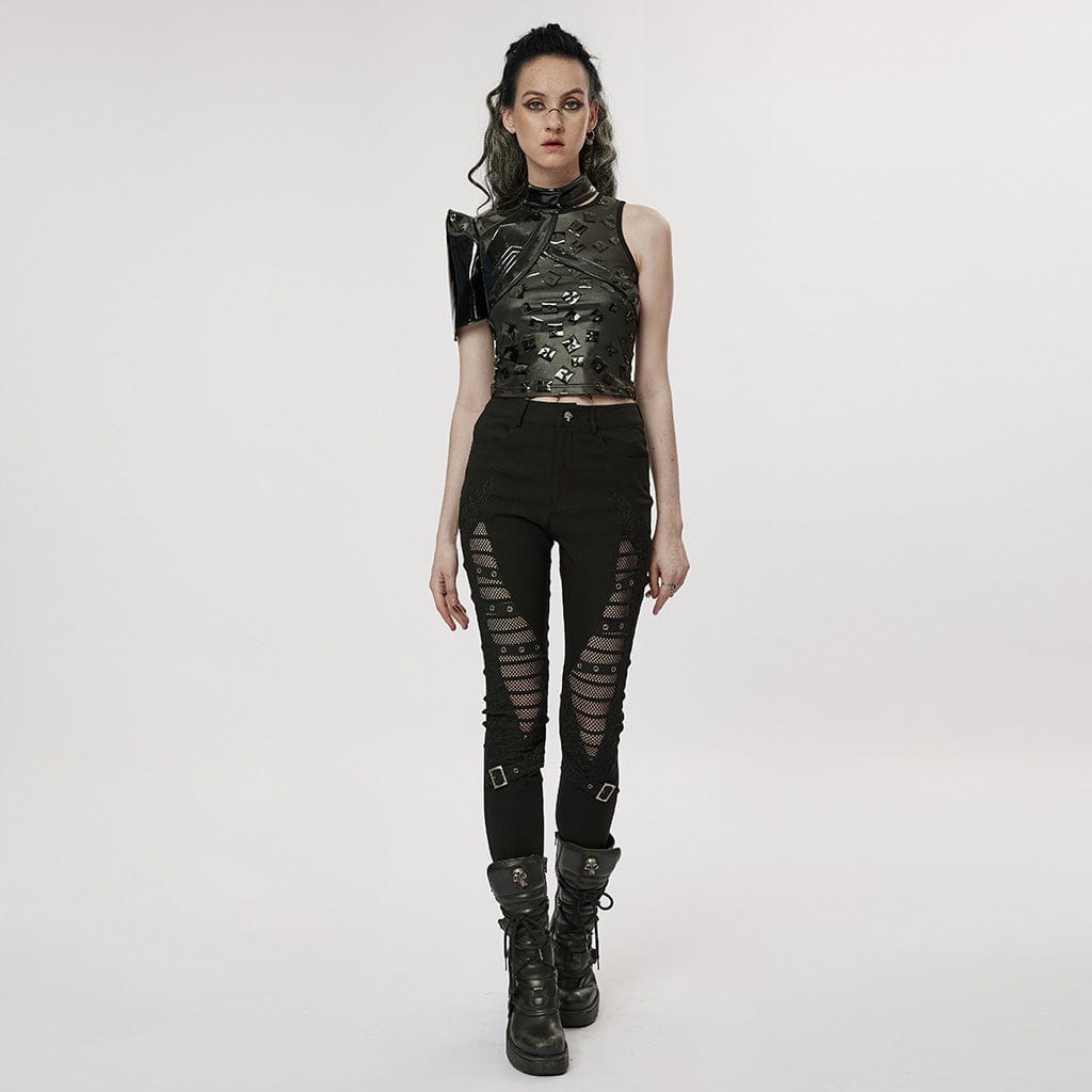 PUNK RAVE Women's Gothic Mesh Splice Buckle Leggings