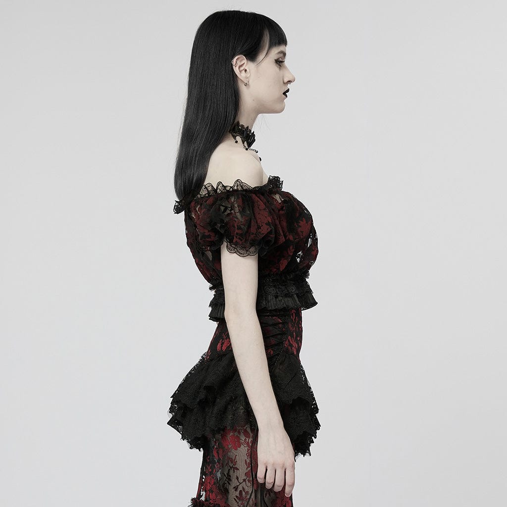 PUNK RAVE Women's Gothic Off Shoulder Ruffles Sheer Shirt