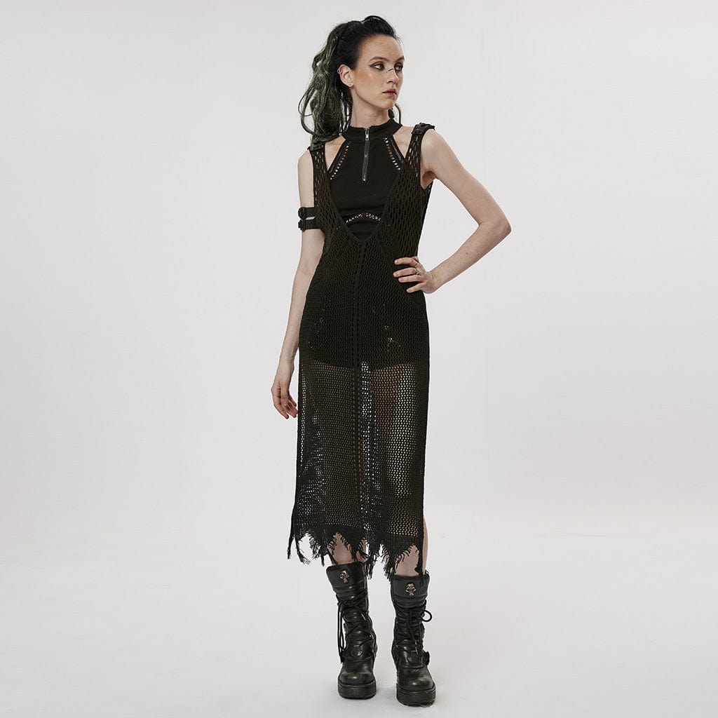 PUNK RAVE Women's Gothic Plunging Mesh Slip Dress