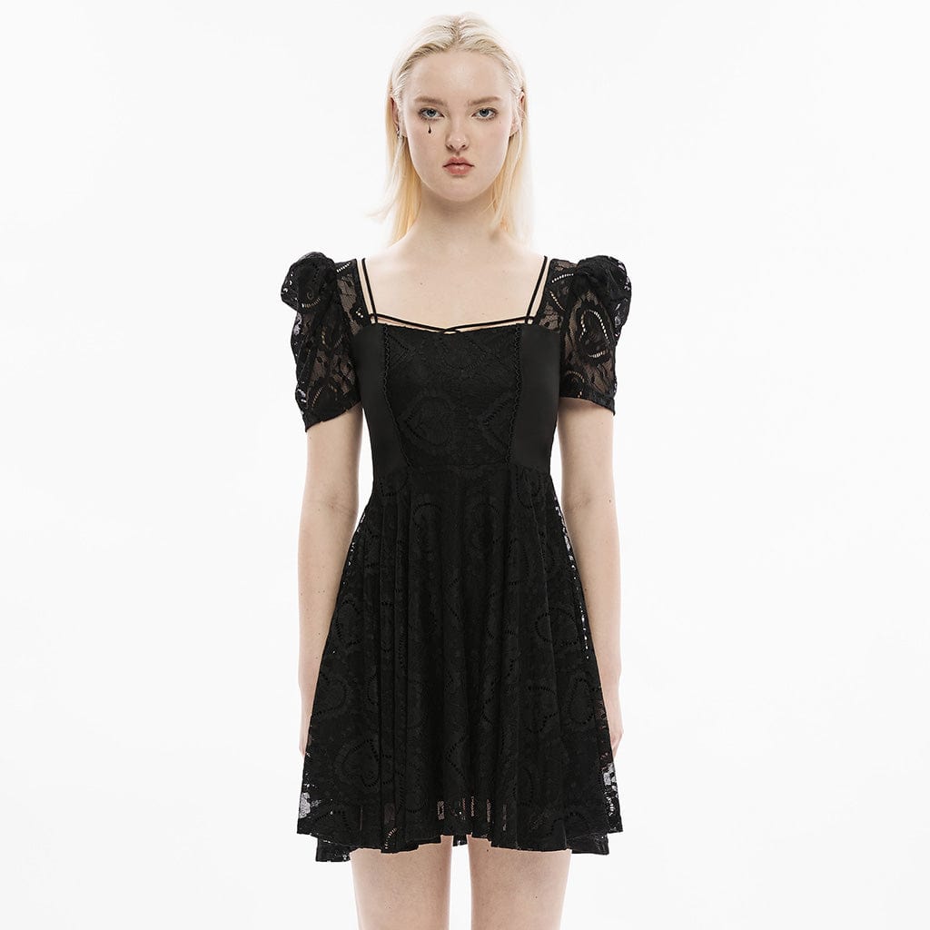 PUNK RAVE Women's Gothic Puff Sleeved Lace Splice Dress