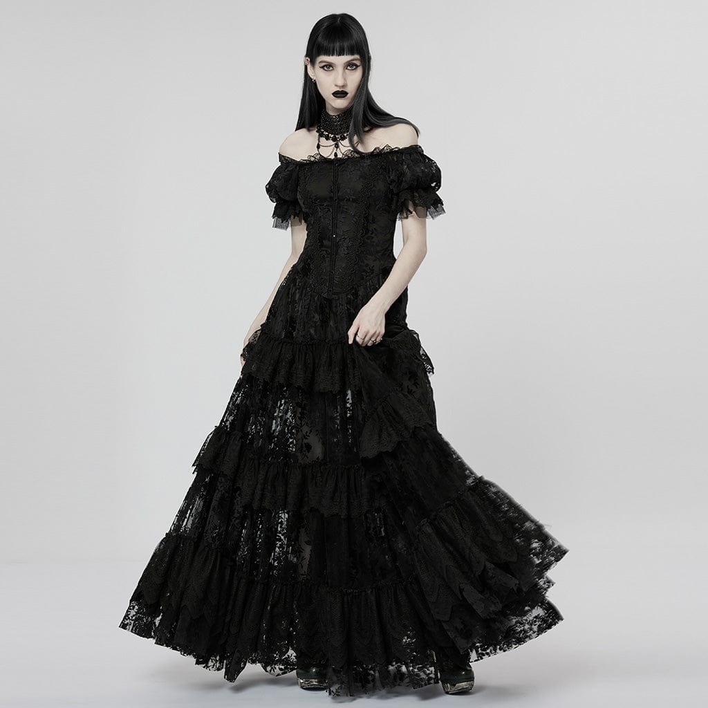 PUNK RAVE Women's Gothic Puff Sleeved Ruffles Lace Dress