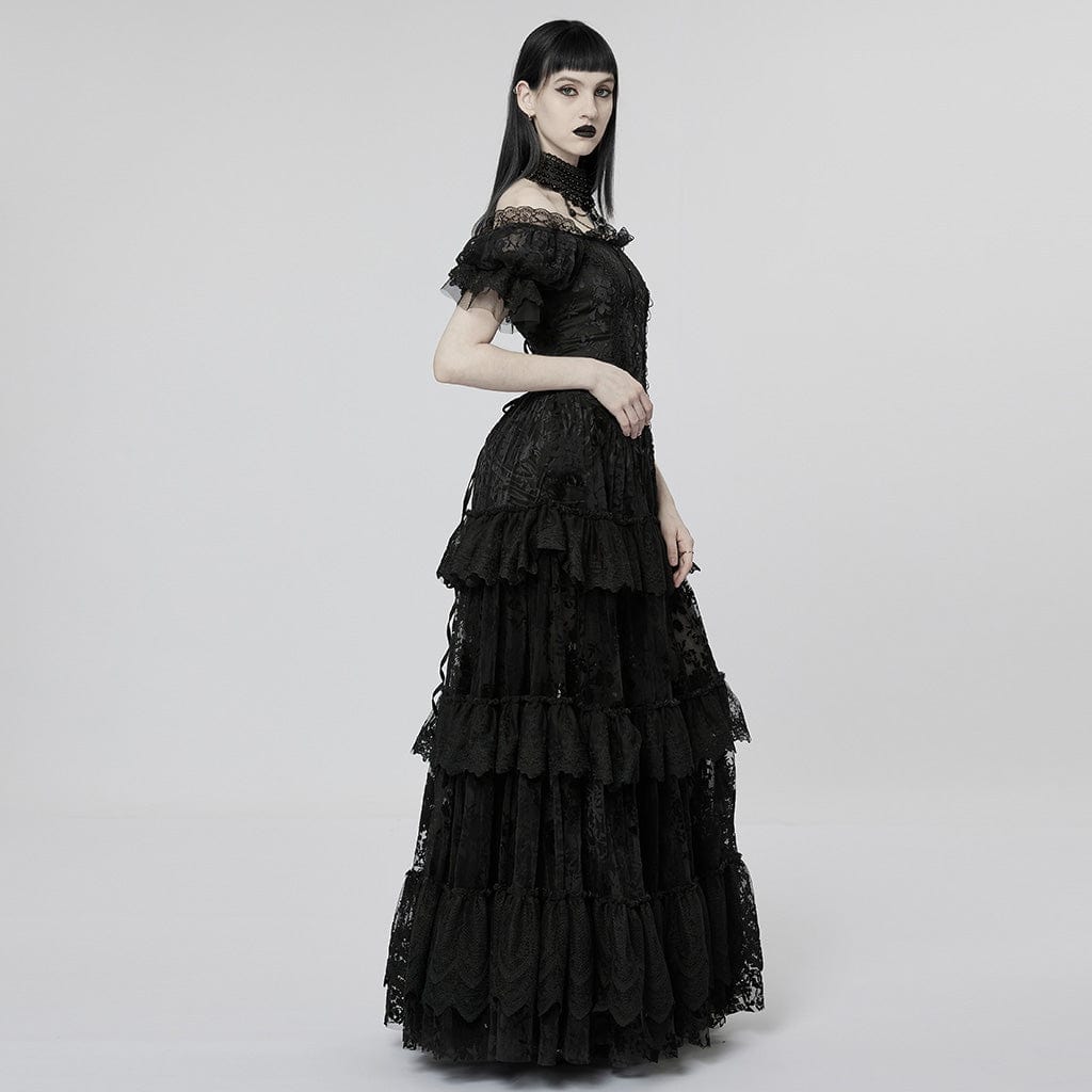 PUNK RAVE Women's Gothic Puff Sleeved Ruffles Lace Dress