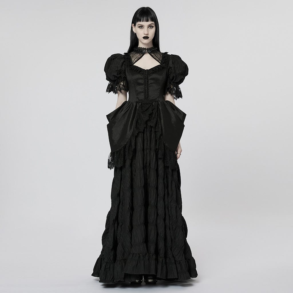 PUNK RAVE Women's Gothic Puff Sleeved Ruffles Layered Dress