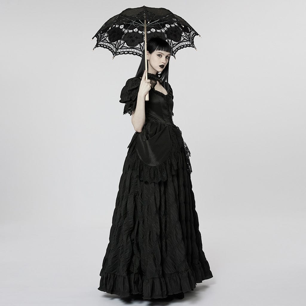 PUNK RAVE Women's Gothic Puff Sleeved Ruffles Layered Dress