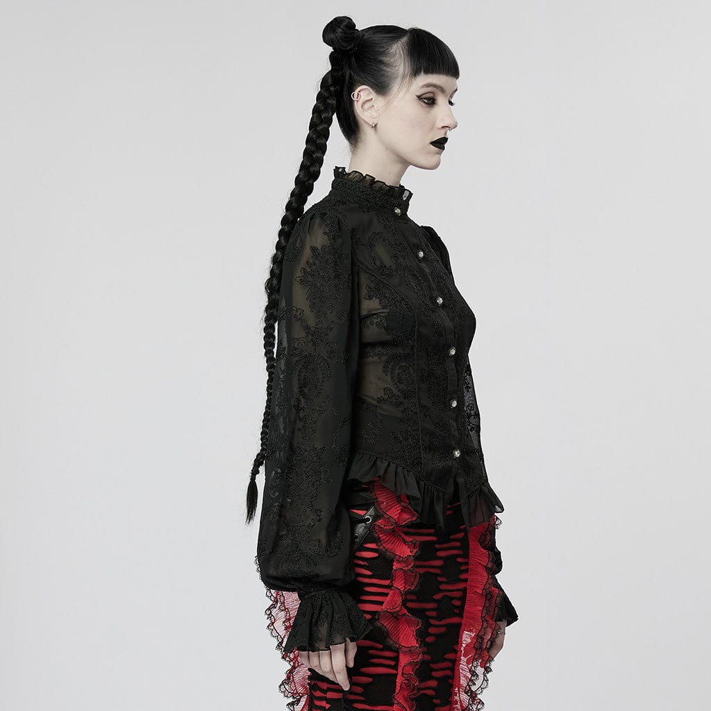 PUNK RAVE Women's Gothic Puff Sleeved Sheer Shirt
